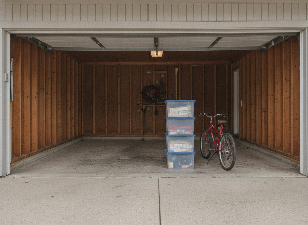After: the same garage organized, with the bike on the wall, shelves of bins and open floor