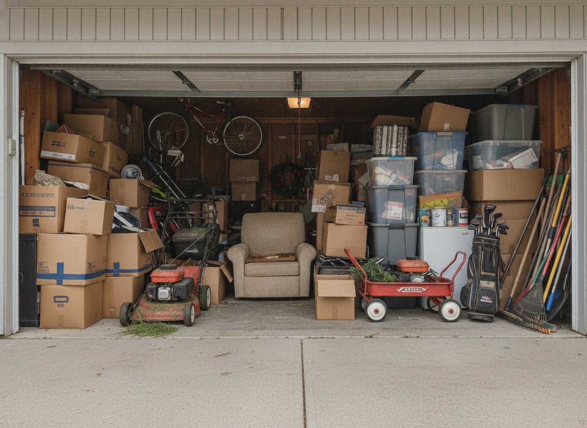 Before: a garage packed with boxes, bikes, a mower, a recliner and tools