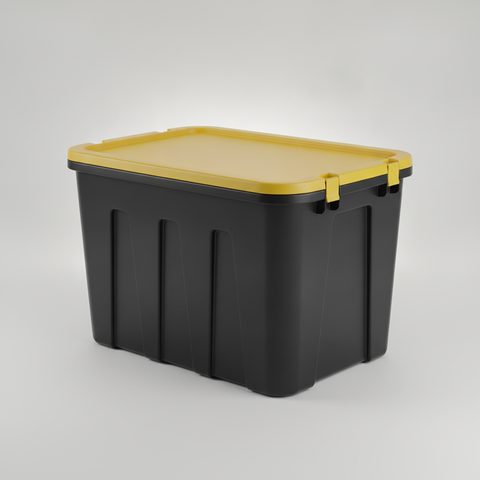 A heavy-duty black 27-gallon tote with a yellow lid