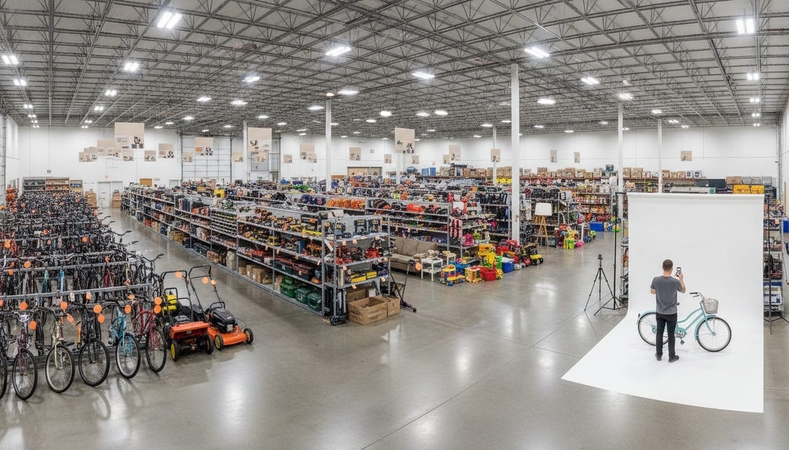 A warehouse floor with organized aisles of bikes, mowers, tools and furniture, and a photo station